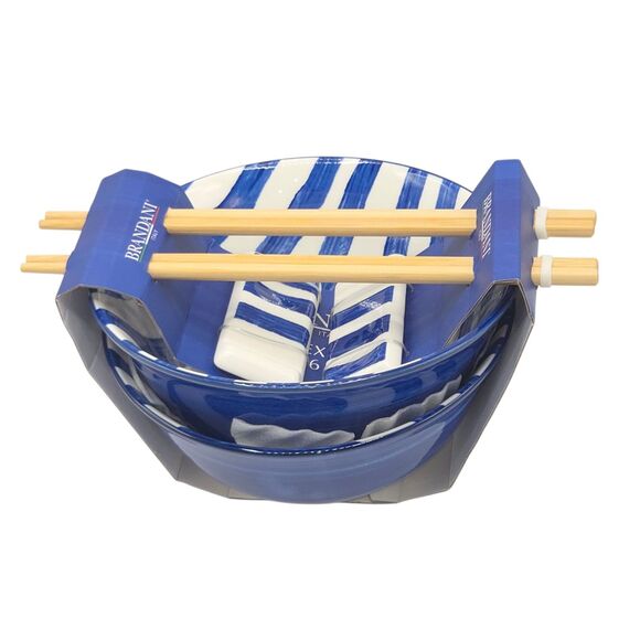 Brandani Italy Sushi Experience 8pc Porcelain Ramen Noodle Bowl Set Blue Striped - Picture 7 of 13